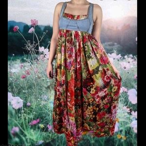 Floral silk dress '90s style maxi denim bustier s